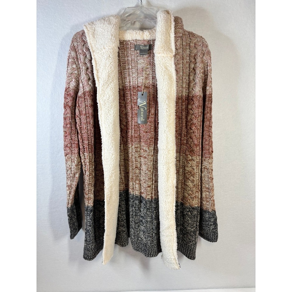 Natural Reflections Womens Faux Fur Lined Cable Knit Hooded Cardigan Sweater L